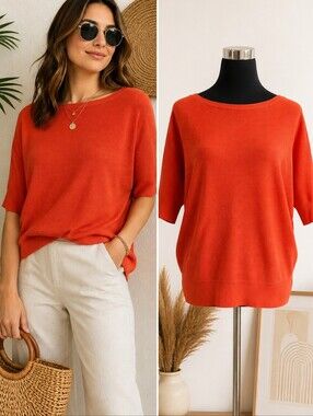 Vila Milano Coral Orange Knit Sweater L Dolman Sleeve Boat Neck  Ribbed Top